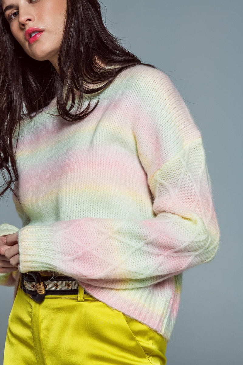 Q2 Women's Sweater One Size / Pink Relaxed Sweater With Ombre Print In Shades Of Pastel And Argyle Print At The Sleeves