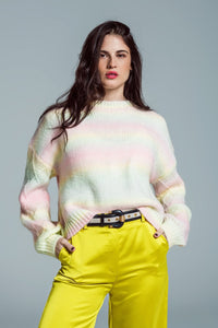 Q2 Women's Sweater One Size / Pink Relaxed Sweater With Ombre Print In Shades Of Pastel And Argyle Print At The Sleeves