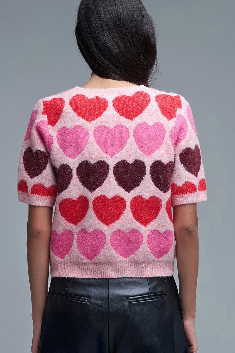 Q2 Women's Sweater One Size / Pink Short Sleeve Printed Heart Sweater In Pink