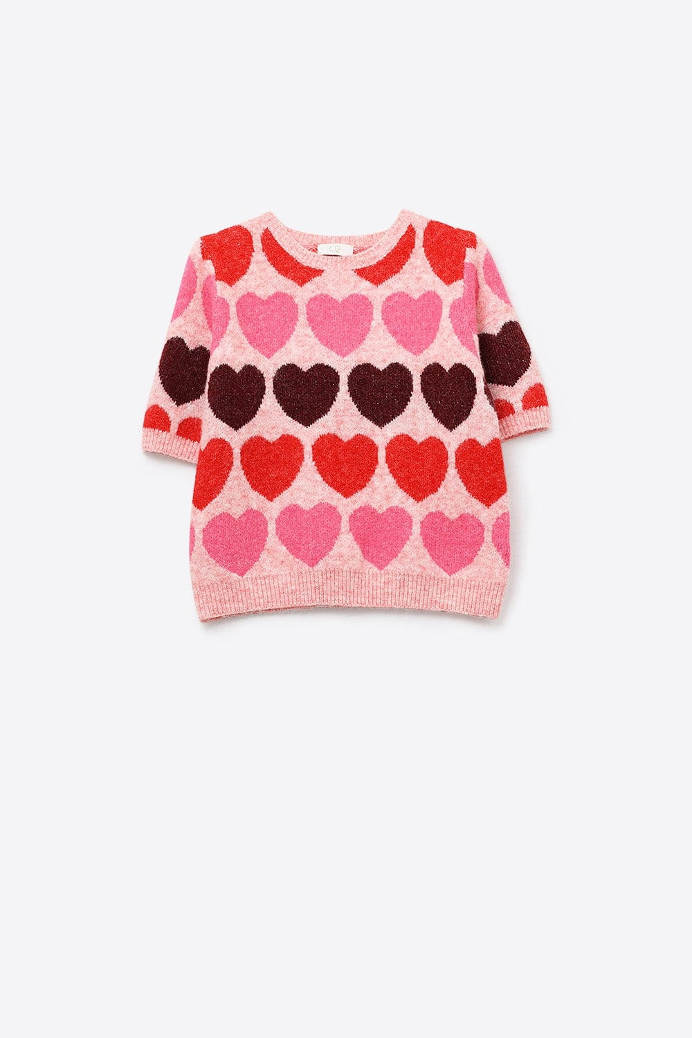 Q2 Women's Sweater One Size / Pink Short Sleeve Printed Heart Sweater In Pink