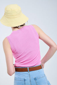 Q2 Women's Sweater One Size / Pink Sleeveless Ribbed Knitted Top In Pink