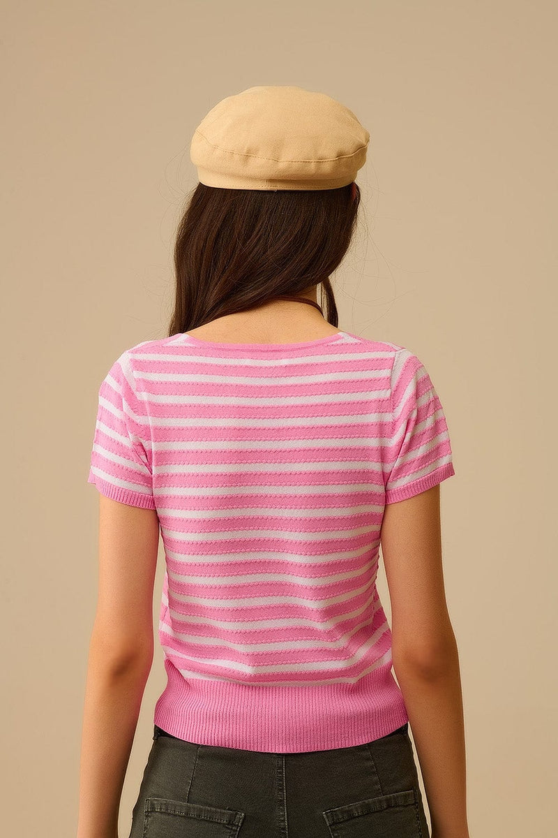 Q2 Women's Sweater One Size / Pink Square Neck Stripped Sweater In Pink And White