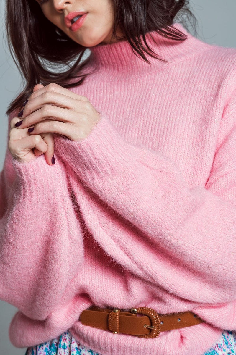 Q2 Women's Sweater One Size / Pink Super Oversized Jumper With High Neck And Balloon Sleeves In Pink