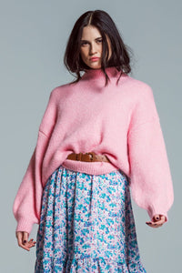 Q2 Women's Sweater One Size / Pink Super Oversized Jumper With High Neck And Balloon Sleeves In Pink