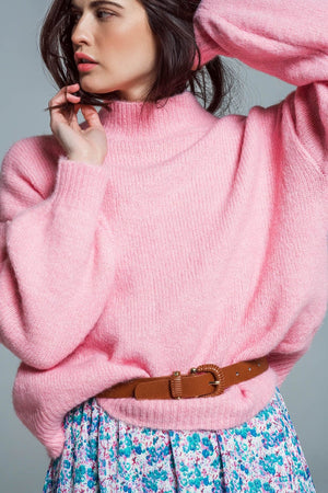 Q2 Women's Sweater One Size / Pink Super Oversized Jumper With High Neck And Balloon Sleeves In Pink