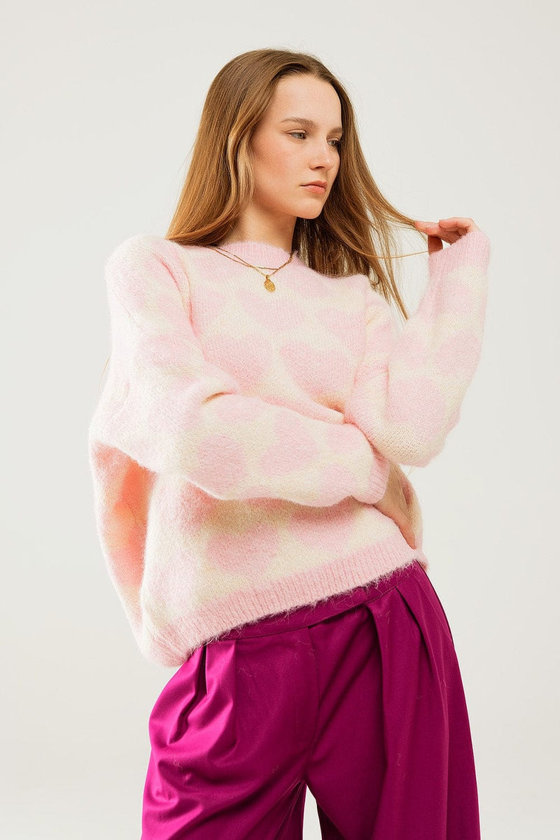 Q2 Women's Sweater One Size / Pink Super Soft Oversized Cream Sweater With Pink Hearts All Over