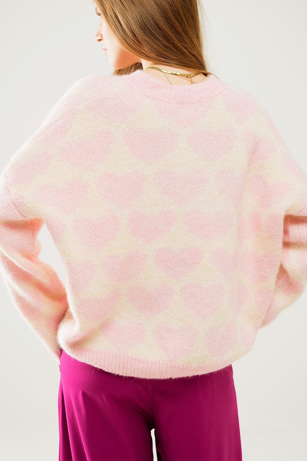 Q2 Women's Sweater One Size / Pink Super Soft Oversized Cream Sweater With Pink Hearts All Over