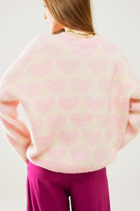 Q2 Women's Sweater One Size / Pink Super Soft Oversized Cream Sweater With Pink Hearts All Over