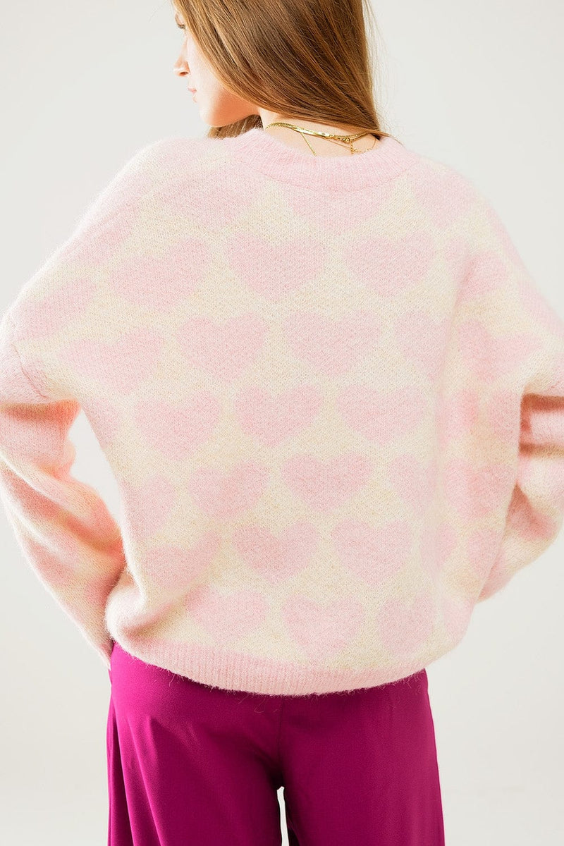 Q2 Women's Sweater One Size / Pink Super Soft Oversized Cream Sweater With Pink Hearts All Over