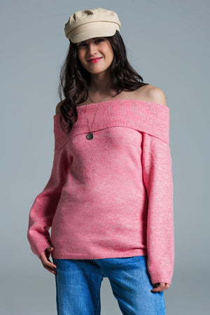 Q2 Women's Sweater One Size / Pink Super Soft Relaxed Pink Sweater With Boat Neckline