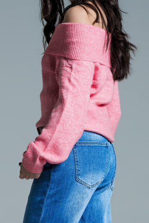 Q2 Women's Sweater One Size / Pink Super Soft Relaxed Pink Sweater With Boat Neckline