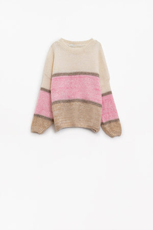 Q2 Women's Sweater One Size / Pink Sweater Stripe Design In Creme Pink And Brown With Crew Neck