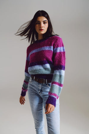 Q2 Women's Sweater One Size / Purple Fluffy Stripy Sweater In Shades Of Purple Blue And White