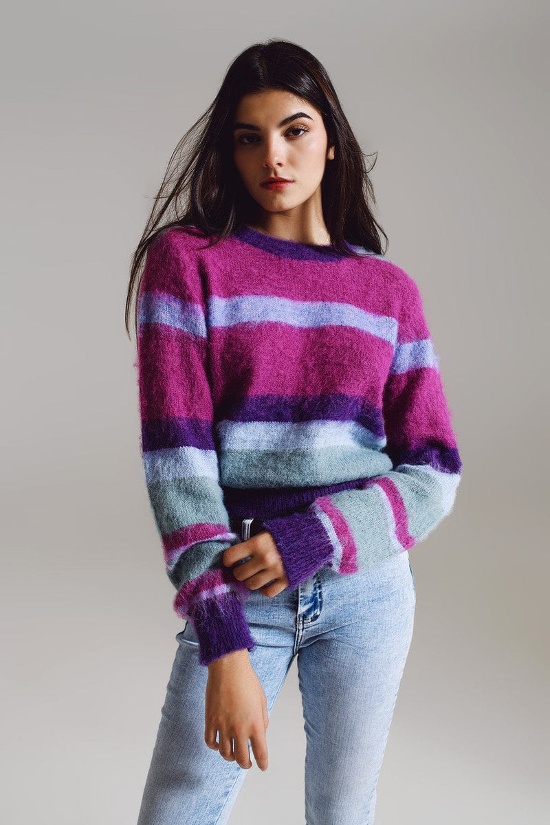 Q2 Women's Sweater One Size / Purple Fluffy Stripy Sweater In Shades Of Purple Blue And White