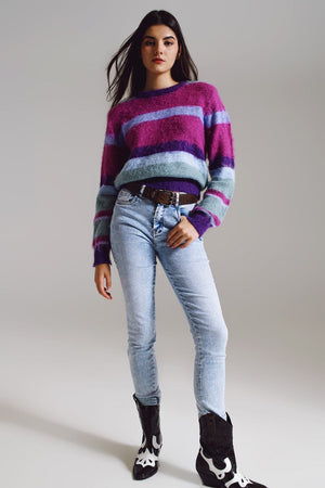 Q2 Women's Sweater One Size / Purple Fluffy Stripy Sweater In Shades Of Purple Blue And White