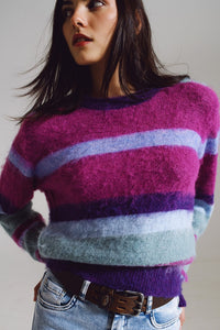 Q2 Women's Sweater One Size / Purple Fluffy Stripy Sweater In Shades Of Purple Blue And White