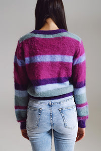 Q2 Women's Sweater One Size / Purple Fluffy Stripy Sweater In Shades Of Purple Blue And White