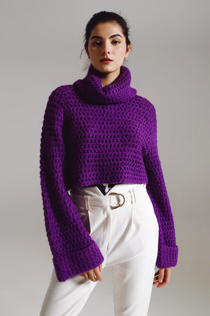 Q2 Women's Sweater One Size / Purple Waffle Knit Jumper With Turtle Neck And Rolled Cuffs In Purple