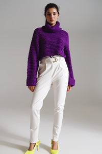 Q2 Women's Sweater One Size / Purple Waffle Knit Jumper With Turtle Neck And Rolled Cuffs In Purple