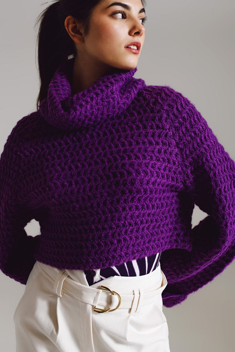 Q2 Women's Sweater One Size / Purple Waffle Knit Jumper With Turtle Neck And Rolled Cuffs In Purple