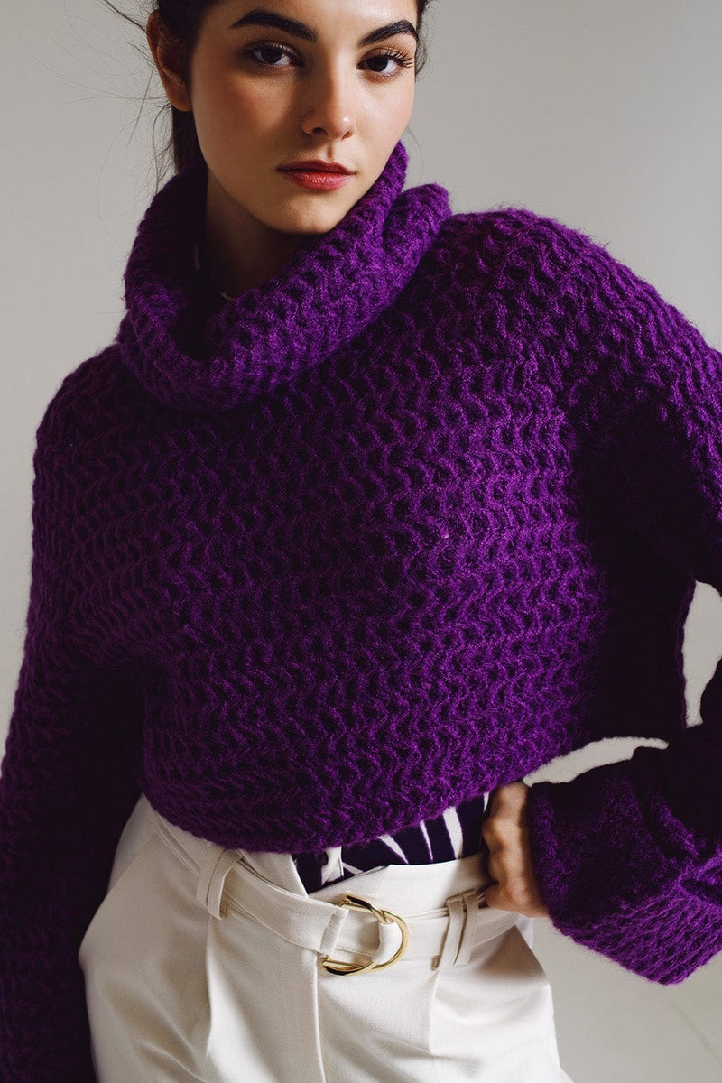 Q2 Women's Sweater One Size / Purple Waffle Knit Jumper With Turtle Neck And Rolled Cuffs In Purple