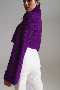 Q2 Women's Sweater One Size / Purple Waffle Knit Jumper With Turtle Neck And Rolled Cuffs In Purple