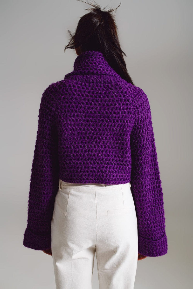 Q2 Women's Sweater One Size / Purple Waffle Knit Jumper With Turtle Neck And Rolled Cuffs In Purple