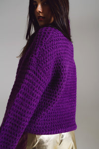 Q2 Women's Sweater One Size / Purple Waffle Knit Sweater With Turtle Neck In Purple