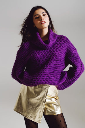 Q2 Women's Sweater One Size / Purple Waffle Knit Sweater With Turtle Neck In Purple