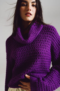 Q2 Women's Sweater One Size / Purple Waffle Knit Sweater With Turtle Neck In Purple