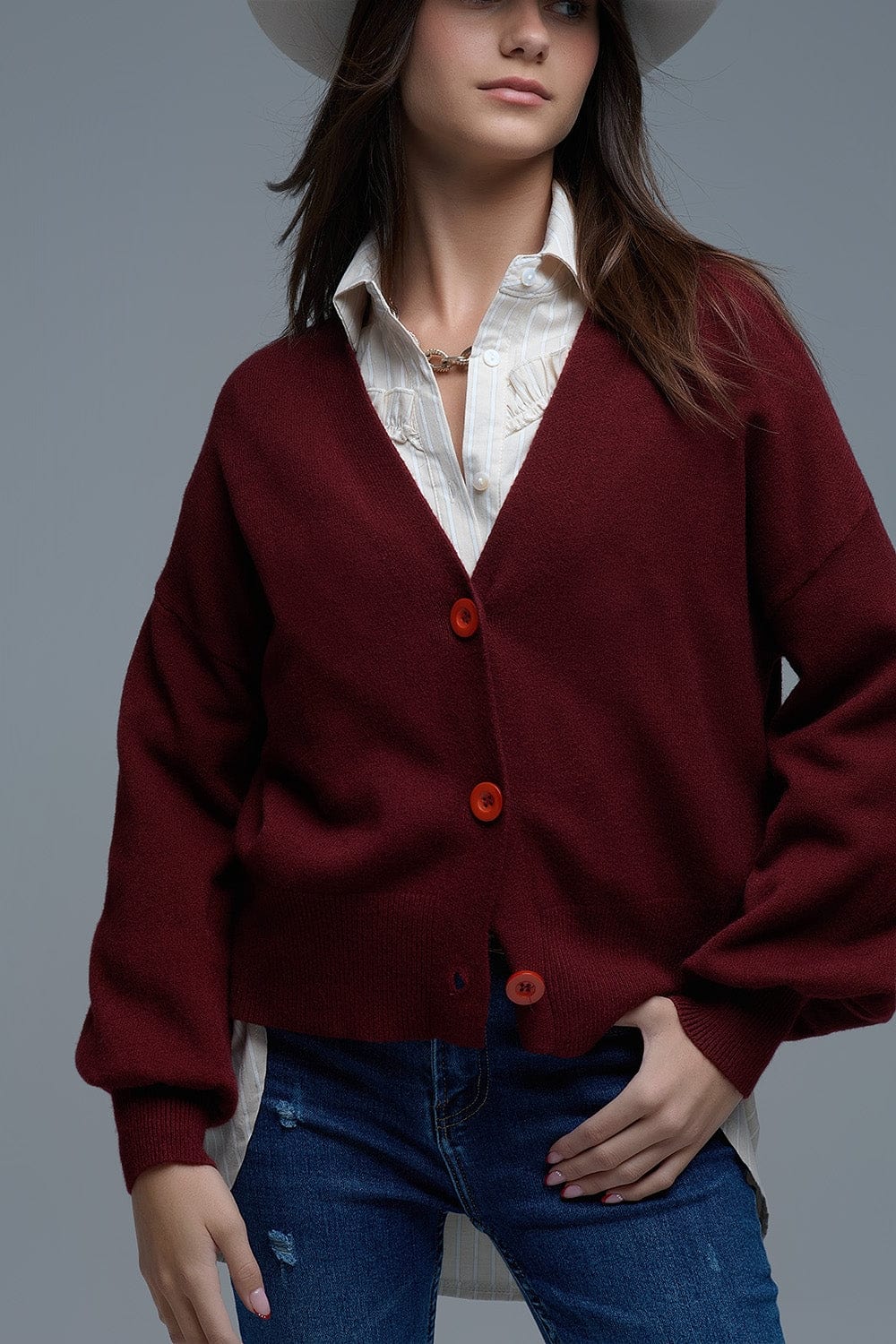 Q2 Women's Sweater One Size / Red Basic V-Neck Cardigan With Long Sleeve In Burgundy