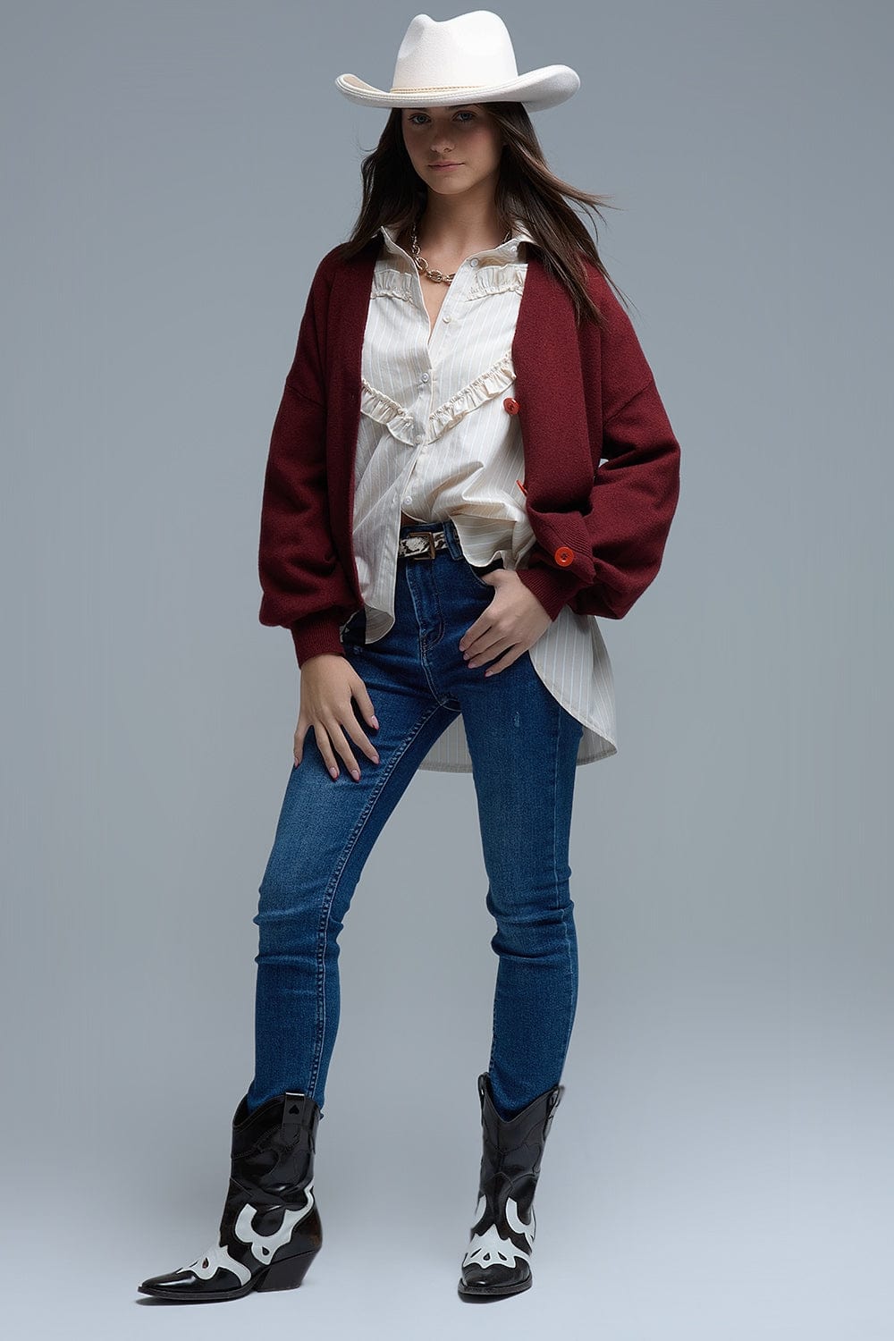 Q2 Women's Sweater One Size / Red Basic V-Neck Cardigan With Long Sleeve In Burgundy