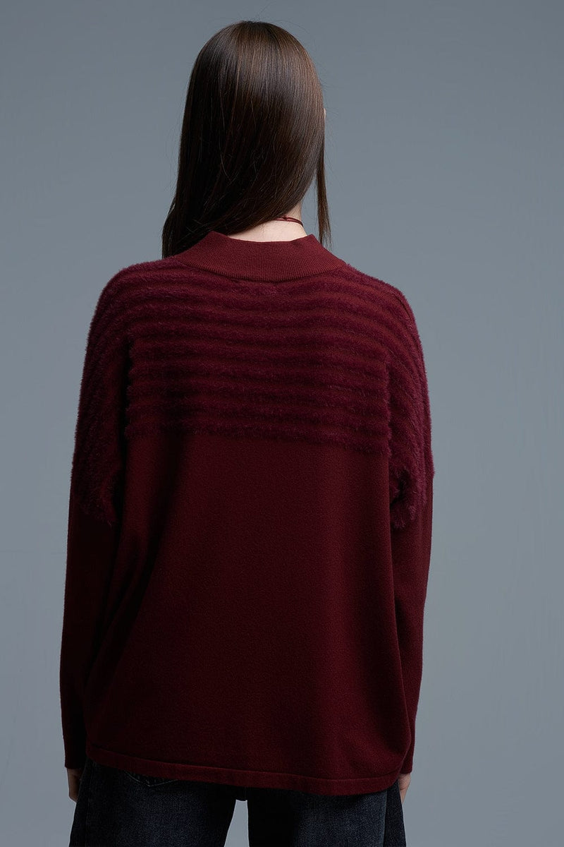 Q2 Women's Sweater One Size / Red High Neck Relaxed Sweater With Textured Stripes In Burgundy