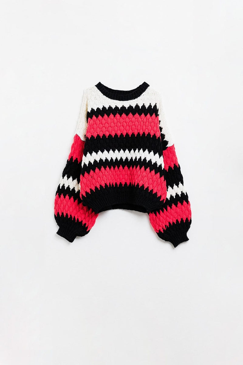 Q2 Women's Sweater One Size / Red Oversized Red Zig Zag Striped Sweater