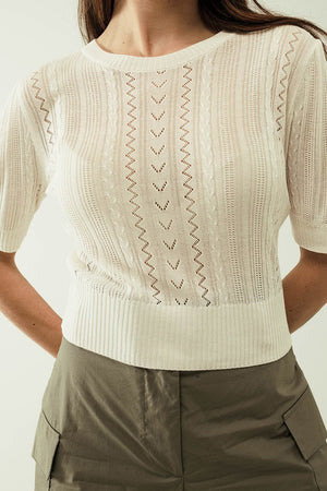 Q2 Women's Sweater One Size / White 3/4 Sleeves White Knit Sweater With Zig Zag Stripes Details