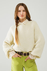 Q2 Women's Sweater One Size / White Beige Knit Sweater With Balloon Sleeves