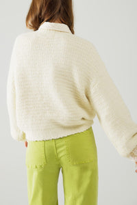 Q2 Women's Sweater One Size / White Beige Knit Sweater With Balloon Sleeves