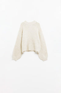 Q2 Women's Sweater One Size / White Beige Knit Sweater With Balloon Sleeves