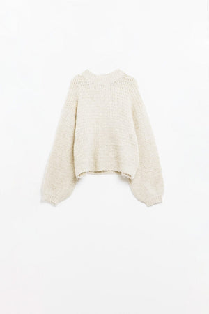 Q2 Women's Sweater One Size / White Beige Knit Sweater With Balloon Sleeves