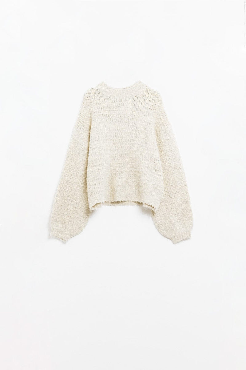 Q2 Women's Sweater One Size / White Beige Knit Sweater With Balloon Sleeves