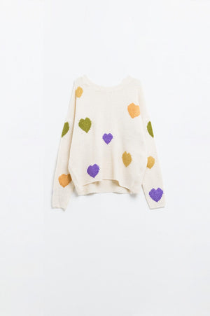 Q2 Women's Sweater One Size / White Beige Sweater With Boat Neck And Heart Print