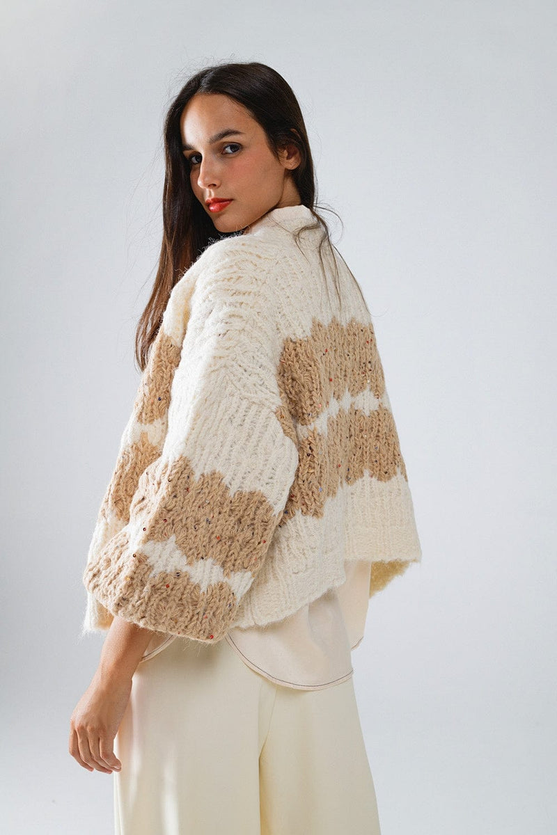 Q2 Women's Sweater One Size / White Chunky Knit Striped Cardigan With Sequin Details In Cream