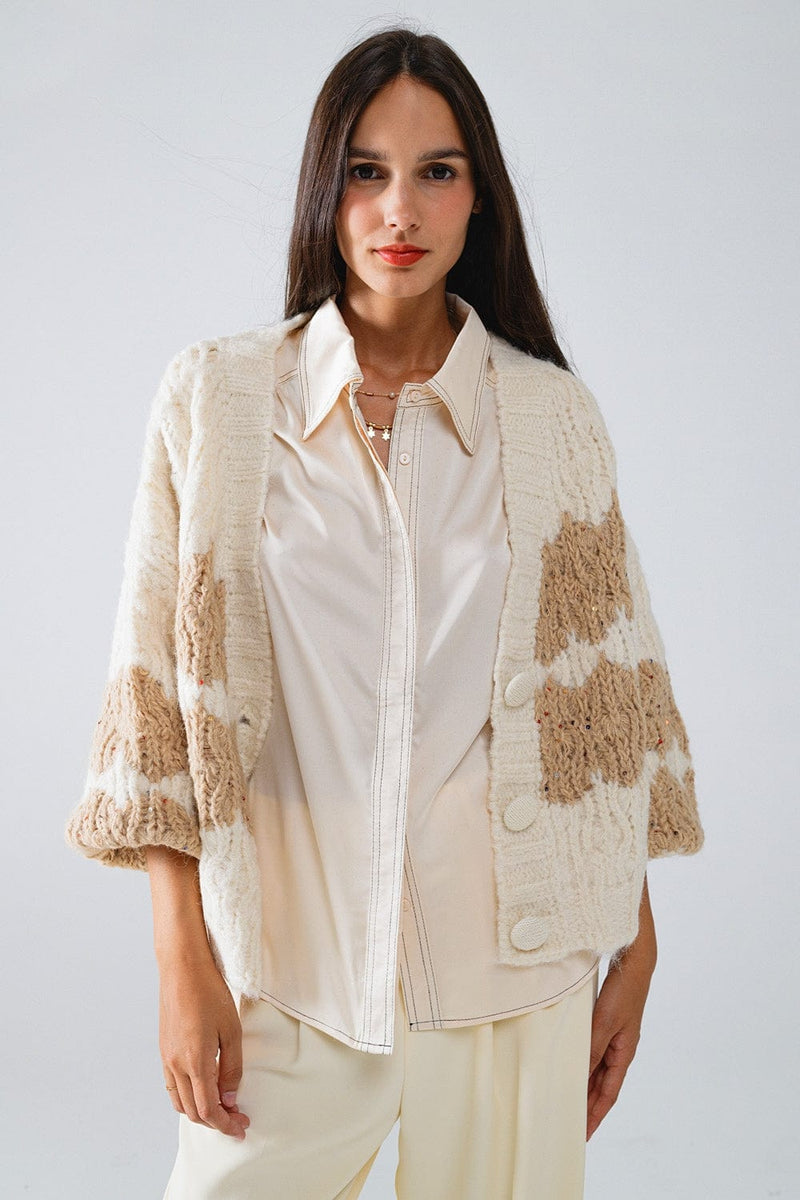 Q2 Women's Sweater One Size / White Chunky Knit Striped Cardigan With Sequin Details In Cream