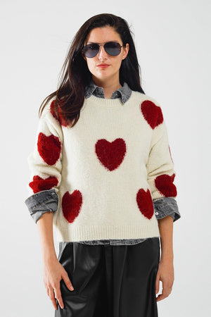 Q2 Women's Sweater One Size / White Cozy White Sweater With Red Hearts