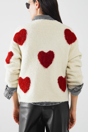 Q2 Women's Sweater One Size / White Cozy White Sweater With Red Hearts