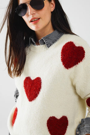 Q2 Women's Sweater One Size / White Cozy White Sweater With Red Hearts