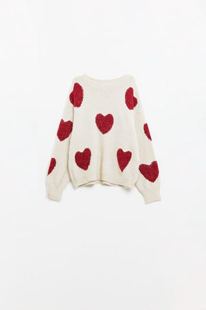 Q2 Women's Sweater One Size / White Cozy White Sweater With Red Hearts