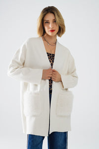 Q2 Women's Sweater One Size / White Cream High Quality Knitted Maxi Cardigan With Fur Pockets