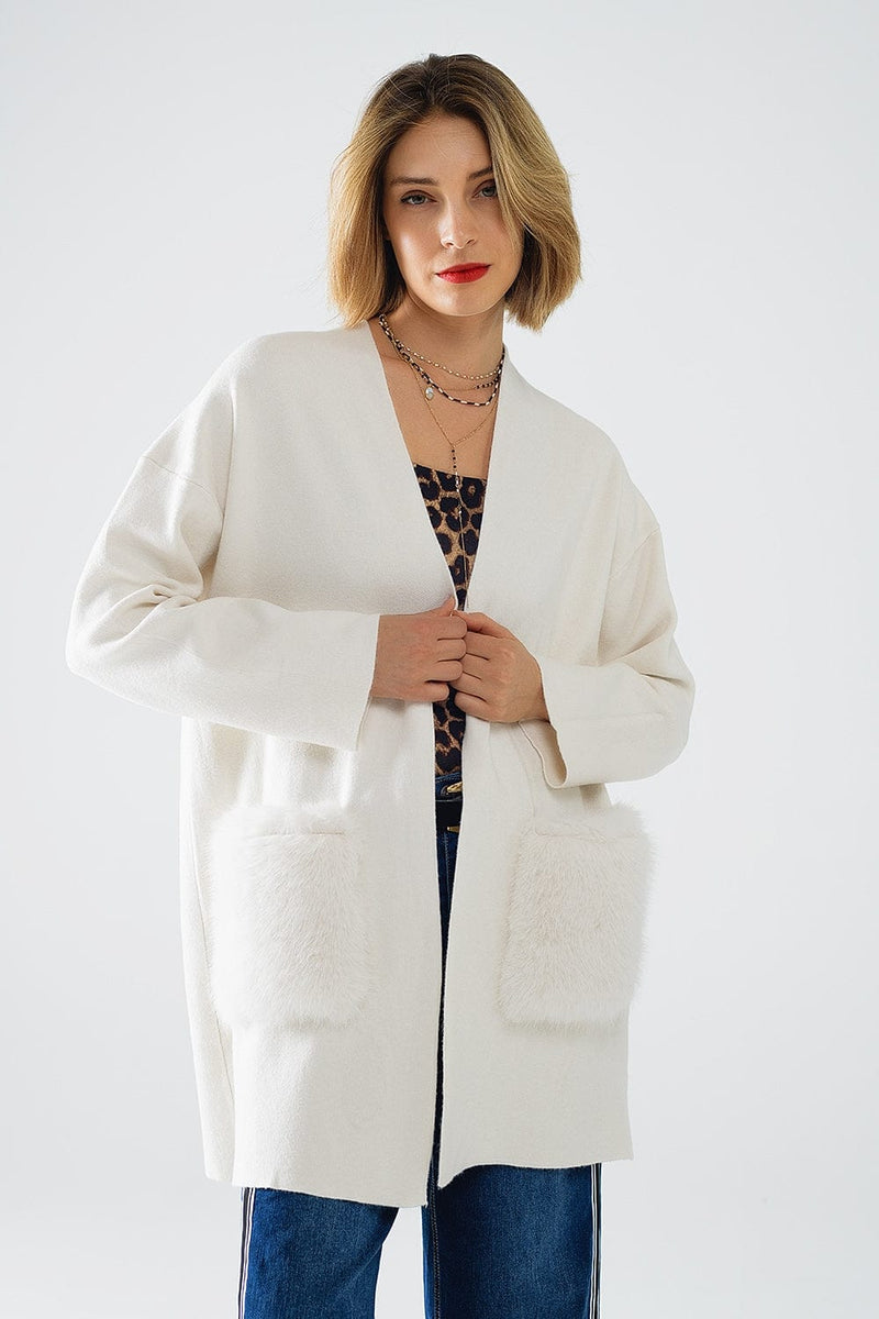 Q2 Women's Sweater One Size / White Cream High Quality Knitted Maxi Cardigan With Fur Pockets