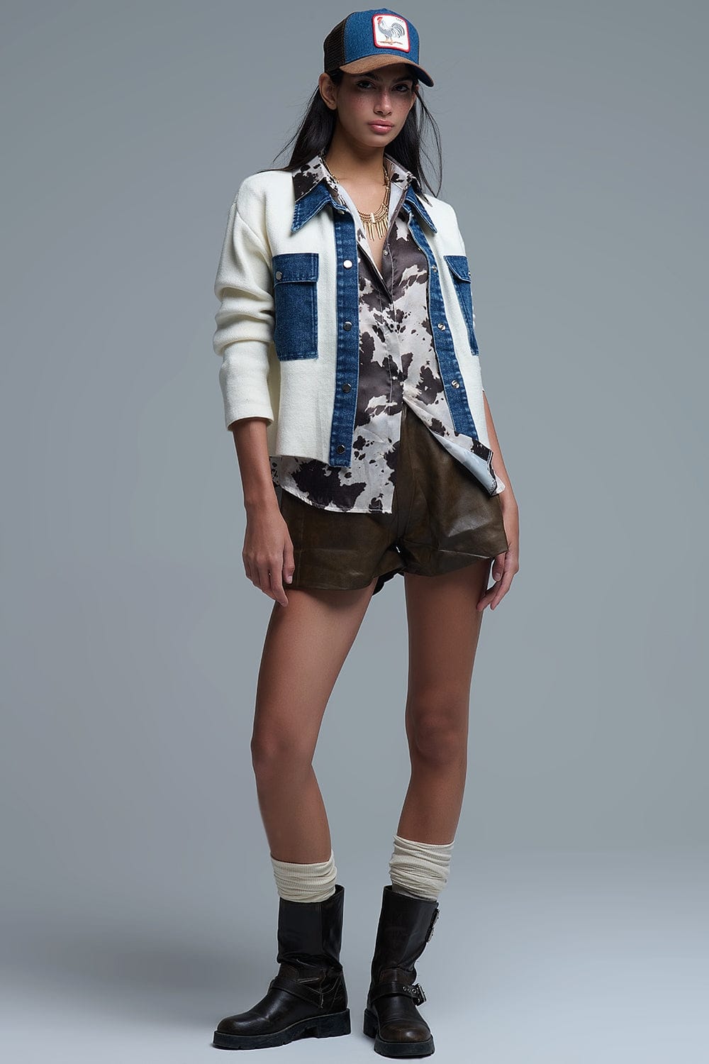 Q2 Women's Sweater One Size / White Cream Knitted Cardigan With Blue Denim Details
